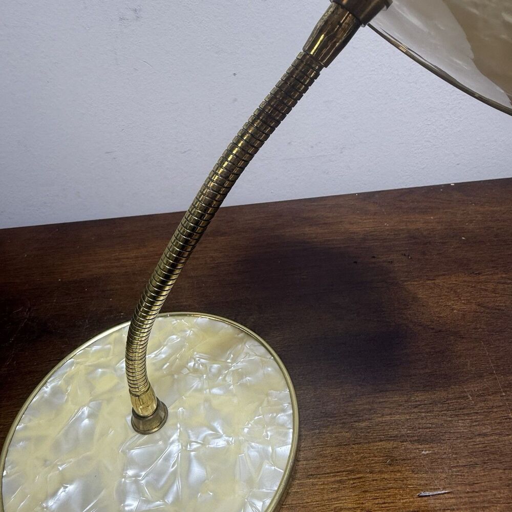 Vintage Brass Gooseneck Double Vanity Mirror Pearlescent Base Hollywood Regency - Picture 9 of 11